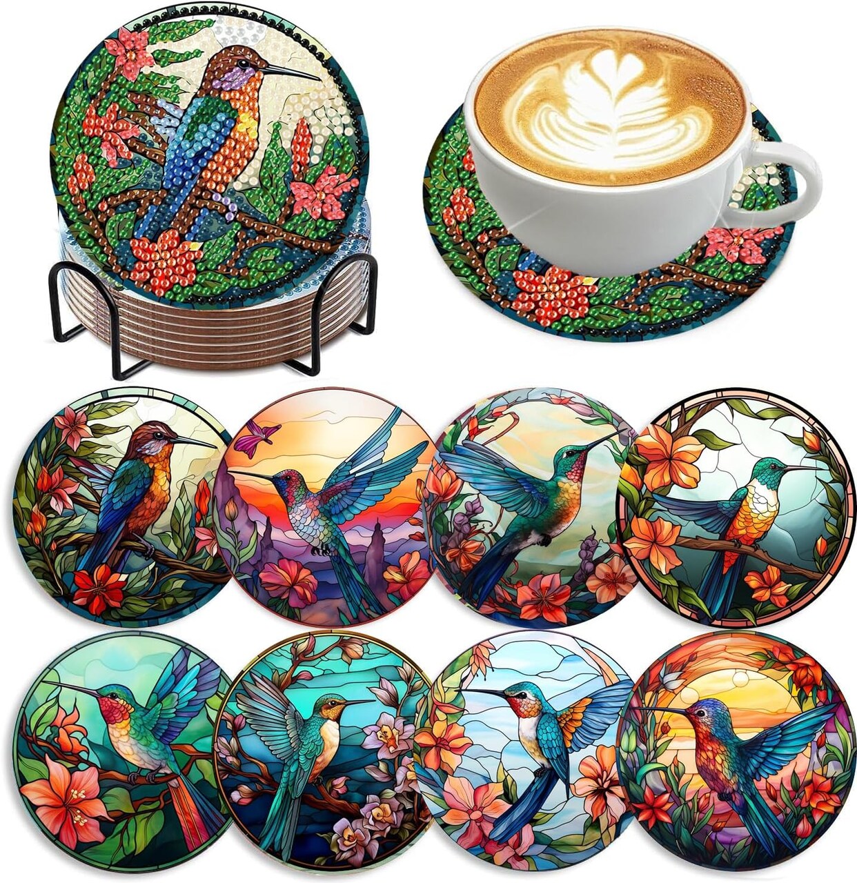8-Piece Hummingbird Diamond Painting Coaster Set with Holder – DIY Bird Diamond Art Coasters for Adults, Beginner-Friendly Craft Supplies